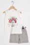 Zero Sleeve Rainbow Printed Striped Ecru Khaki Color Girls Shorts Suit
