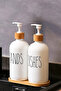 2 Li Hands Dishes Black White Decorative Kitchen Bathroom Liquid Glass Soap Dispenser Set 500ml Set with Bamboo Stand - 6