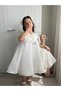 Princess White Girl's Dance Dress, Bow Collar Merasim Evening Dress + Buckle - 4