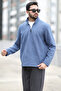 Men's Winter Fleece Sweatshirt Blue Half Zipper Stand Collar Throat - 6053 - 2