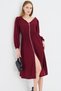 Women's Burgundy Front Back V-Neck Front Zipper Long Sleeve Midi Length Dress Arm-25Y001002 - 3