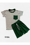 Boy's 100% Cotton White Green Striped Pocket Waffle Fabric Short Sleeve Shorts Summer Suit - 2