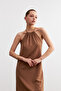Women's Camel Halter Neck Crinkle Mini Dress
