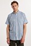 Men's Regular Fit Classic Cut Oversized 100% Cotton Linen Texture Single Pocketed Checked Short Sleeve Shirt - 4