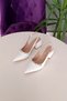 White Leather 6cm Thick Heeled Accessory Stone Detailed Evening Dress Women's Heeled Shoes - 4