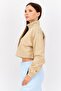 Women High Neck Solid Long Sleeves Cropped Sweatshirts, Tan - 2