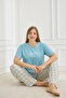 Women's Plaid Patterned Blue Short Sleeve Soft Textured Milan Fabric Summer Plus Size Pajamas Set