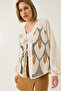 Women's Beige Linen Sequin Embroidered Kimono with Tie Detail Mh-6098 60283206 - 5