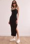 Women's Black and White Piping Detailed Slit Maxi Ribbed Dress Elb- 19002375