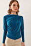 Women's Petrol Blue Shoulder Buttoned Draped Detail Sandy Blouse Blz- 19002832 - 2