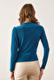 Women's Petrol Blue Shoulder Buttoned Draped Detail Sandy Blouse Blz- 19002832 - 4