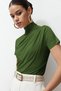 Olive Green Draped Detail Fitted/Body-Hugging Short Sleeve Mock Neck Stretchy Knit Blouse TWOSS24BZ00426 - 3