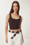 Women's Brown Contrast Stripe Crop Knitted Blouse Fw00005 - 3