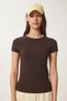 Women's Brown Bone Contrast Color Knitted T-Shirt Ub00369 - 4