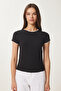 Women's Black Bone Contrast Color Knitted T-Shirt Ub00369 - 3