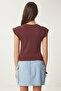 Women's Brown Padded Asymmetrical Knitted Blouse Cr00480 - 5