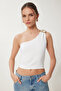 Women's Bone Single Shoulder Buckle Ribbed Crop Blouse Kh00096