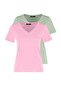 Pembe-Mint %100 Pamuk 2'li Paket Basic V Yaka Örme T-Shirt TWOSS23TS00002 - 18