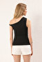 Siyah Asimetrik Yaka Büzgü/Drape Detaylı Fitted/Vücuda Oturan Örme Bluz TWOSS25BZ00279 - 4