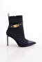 Women's Belt Detailed Pointed Toe Heeled Boots Navy Blue Striped 64152859