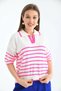 Women's Polo Collar Striped Knitwear Sweater Top-Ecru-Fuchsia - 5