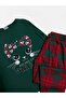 Girl's 100% Cotton Green Cat Patterned Six Plaid Patterned Long Sleeve Seasonal Pajama Set - 3