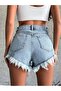 Women's High Waist Tasseled Denim Denim Shorts Blue - 5