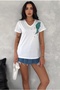 Women's White V-Neck Shoulder Leaf Sequin Sequin Embroidered 100% Cotton T-Shirt - 3