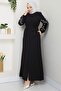 Belted Ferace with Floral Embroidered Sleeves Black HM2727 - 2
