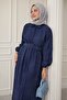 Shirt Collar Belted Plain Navy Blue Dress - 4