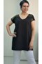 Black V-Neck Yellow Black Stripe Detailed Low Arm Combed Viscose T-Shirt - 3