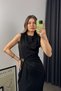 Black Gathered Waist Buckle Detailed Slit Dress - 5