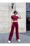 Camisole Woven Cotton Crew Neck Short Sleeve Crop Blouse & Wide Leg High Waist 2-Piece Bottom Top Set - 3