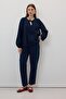 Women's Navy Blue Elastic Waist Carrot Leg Muslin Trousers