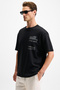Cody Men's Regular Fit Special Textured Thick Fabric Organic Cotton Black T-Shirt with Front Embroidery and Print - 4
