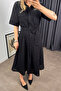 Black Short Sleeve Lined Belted Pocket Scallop Shirt Dress - 4