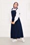 Hijab-Friendly Denim Salopet Dress with Front Pocket, Navy Blue - 3