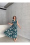 Women's Green Flounce Sleeve Double Breasted Collar Woven Dress - 4