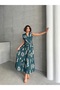 Women's Green Flounce Sleeve Double Breasted Collar Woven Dress - 3