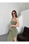 Suit-Side Shiring Detail, Lined, Long Skirt. Thin Straps, Side Shiring Crop Bluz.