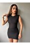 Women's Crew Neck Sleeveless Houndstooth Tulle Mini Dress Black - 5