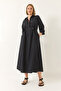 Women's Black Waist Adjustable Half Sleeve Button Closure Long Poplin Dress 60283194 - 5