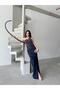 Navy Blue Stone Embroidered Slit Strapless Evening Dress - 2