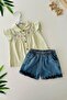Baby Girl 2-Piece Set with Embroidery Flower Pattern Denim Shorts - Green