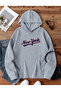 OVERSİZE MAVİ NEWYORK BASKI DETAYLI KAPÜŞONLU BASİC SWEATSHİRT