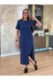 Women's Short Sleeve Crew Neck Pocket Front Slit Viscose Two Thread Midi Dress - 4