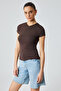 Marta Women's Round Neck Short Sleeve Slim Brown T-Shirt - 3
