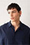 Draped Linen Navy Blue Shirt - 2