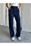 Navy Blue Palazzo Trousers Women's Lycra Velcro Closure Crepe Belt Elastic - 2