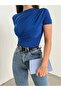 Strivex Short Sleeve Sandy Fabric Cross Shirring Detailed Draped Crew Neck Women Blouse - 2